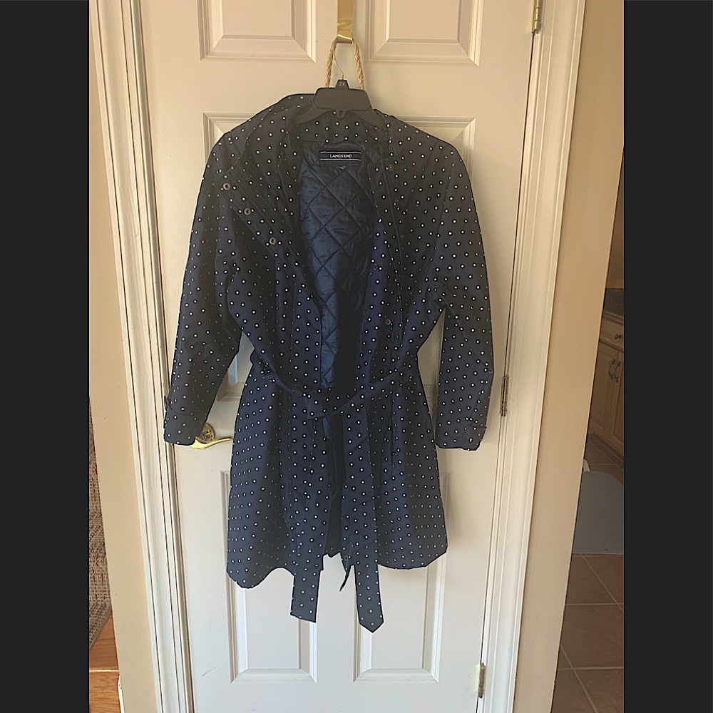 EUC Lands End Navy and white polka dot rain coat 2x